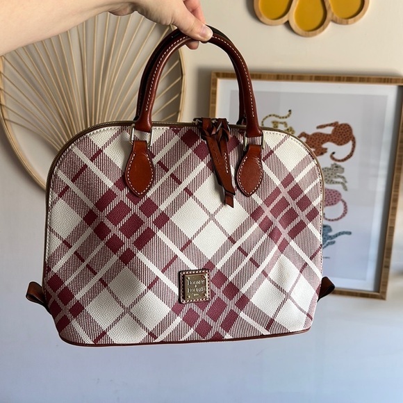 Vintage Dooney and Bourke Cranberry Plaid Leather Zip Zip Domed Satchel Handbag - Picture 2 of 12